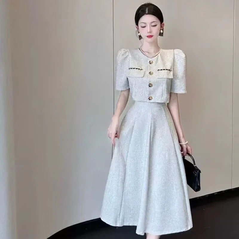 Manteau court à boutonnage simple et jupe mi-longue taille haute pour dames, petit parfum, mode automne, ensemble deux pièces coréen trempé, nouveau