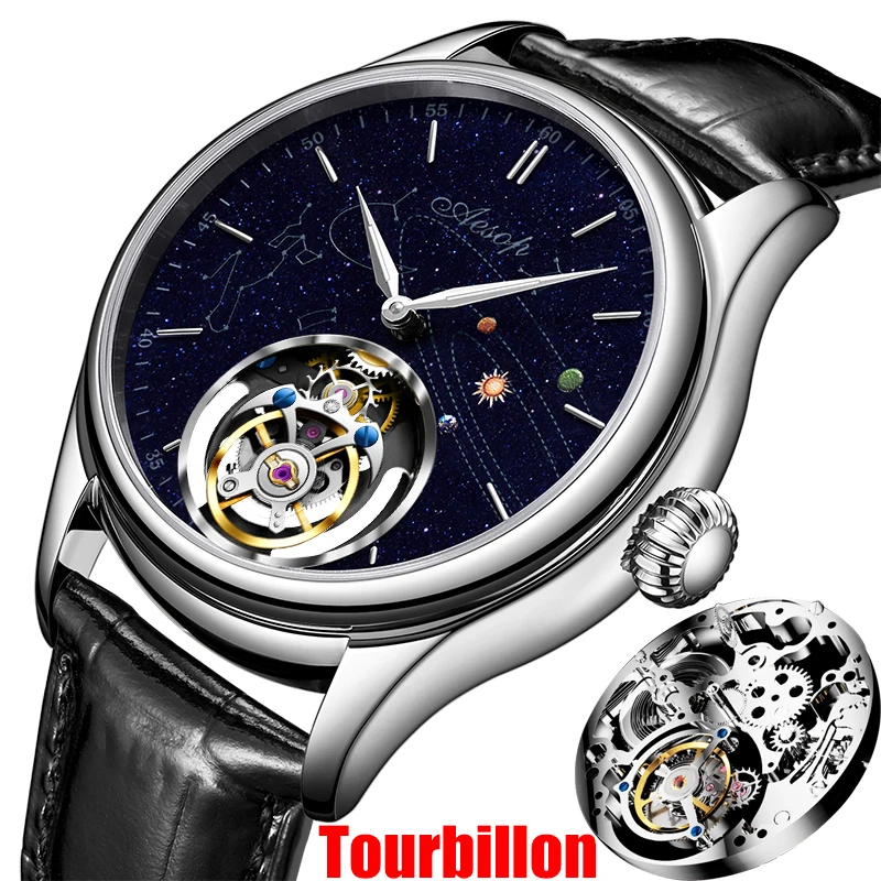 Aesop Real Tourbillon Mechanical Watch for Men Skeleton Manual Movement Mens Wristwatch Sapphire Luxury Waterproof 7049