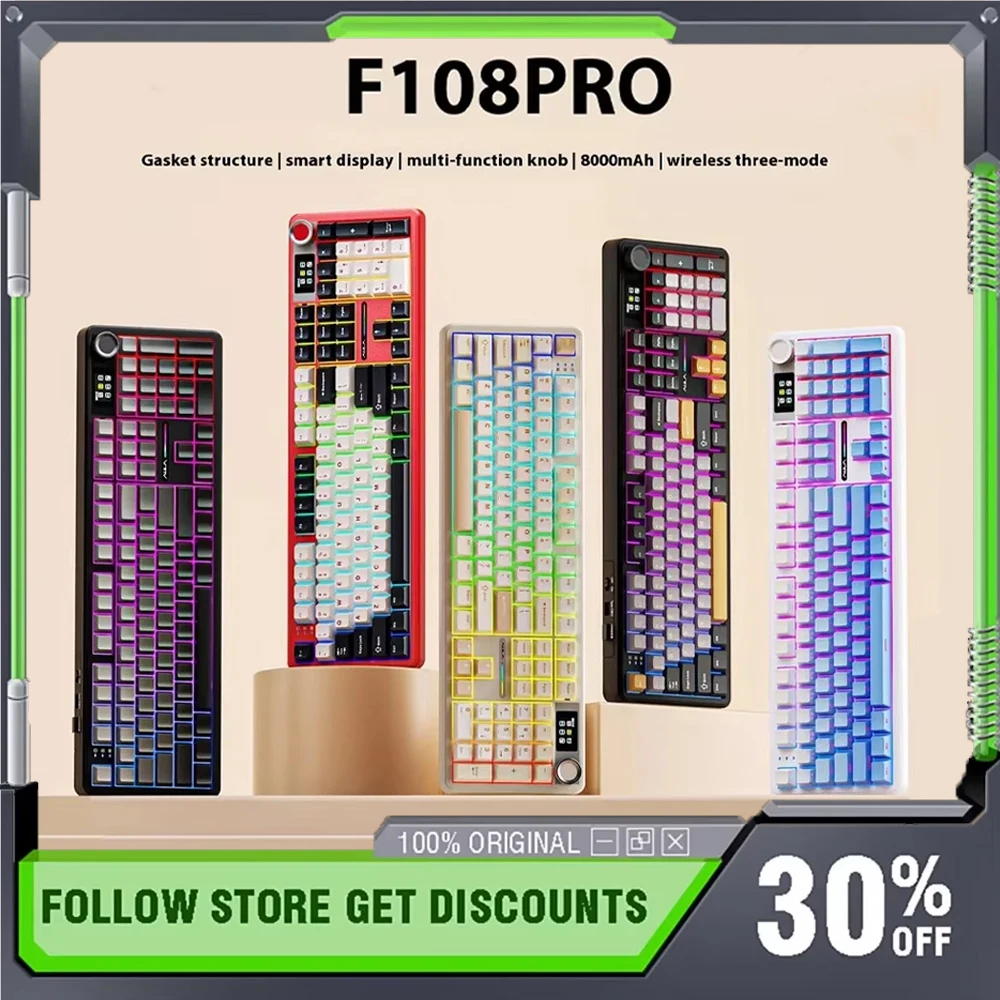 

AULA F108Pro Беспроводная механическая клавиатура с тремя режимами, прокладка с возможностью горячей замены, аксессуары для ноутбуков, индивидуальная клавиатура для киберспорта и геймера
