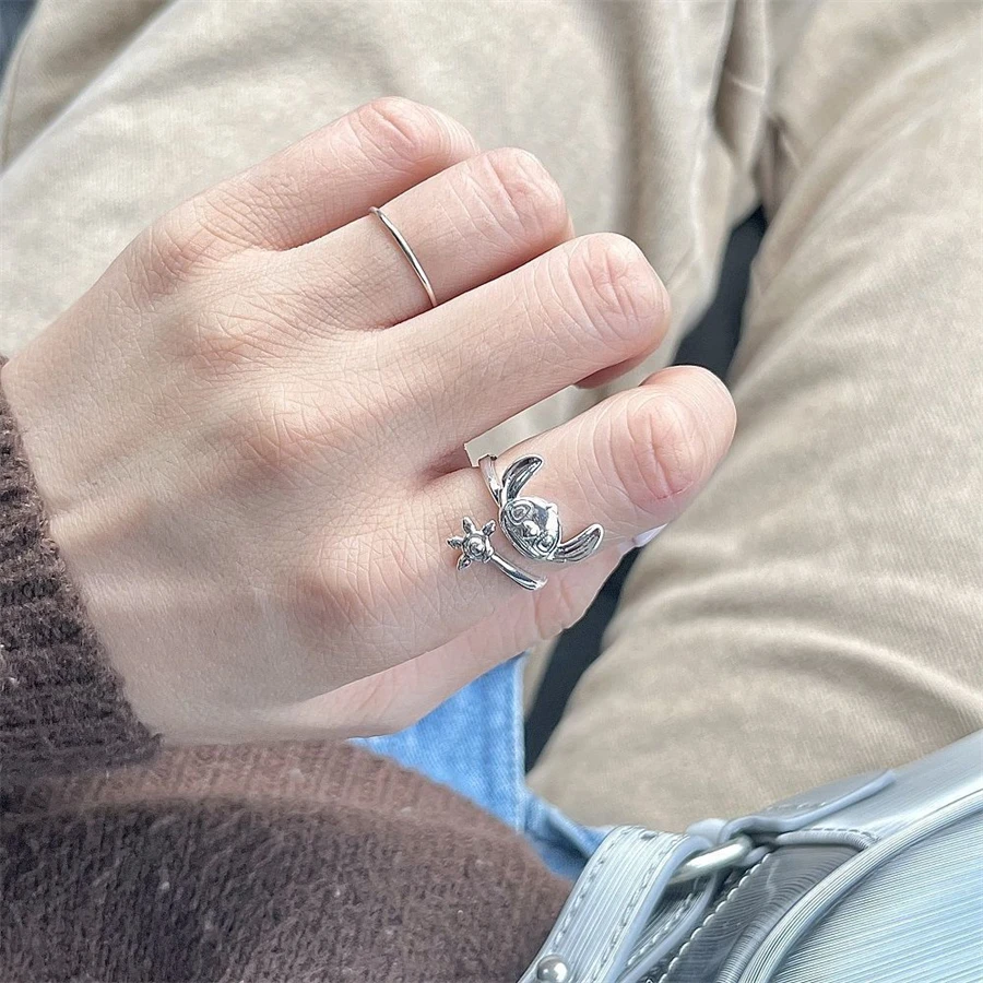 

Disney Interstellar Baby Kawaii Stitch Hug Hands Cartoon Cute Fashion Best Friend Birthday Gift Silver Opening Couple Ring Gifts