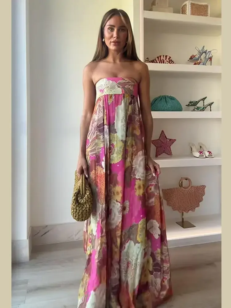 فستان ماكسي مطبوع بدون حمالات فستان نسائي أنيق بدون أكمام عالي الخصر فضفاض فساتين الشارع 2025 فساتين حفلات الصيف والعطلات #2