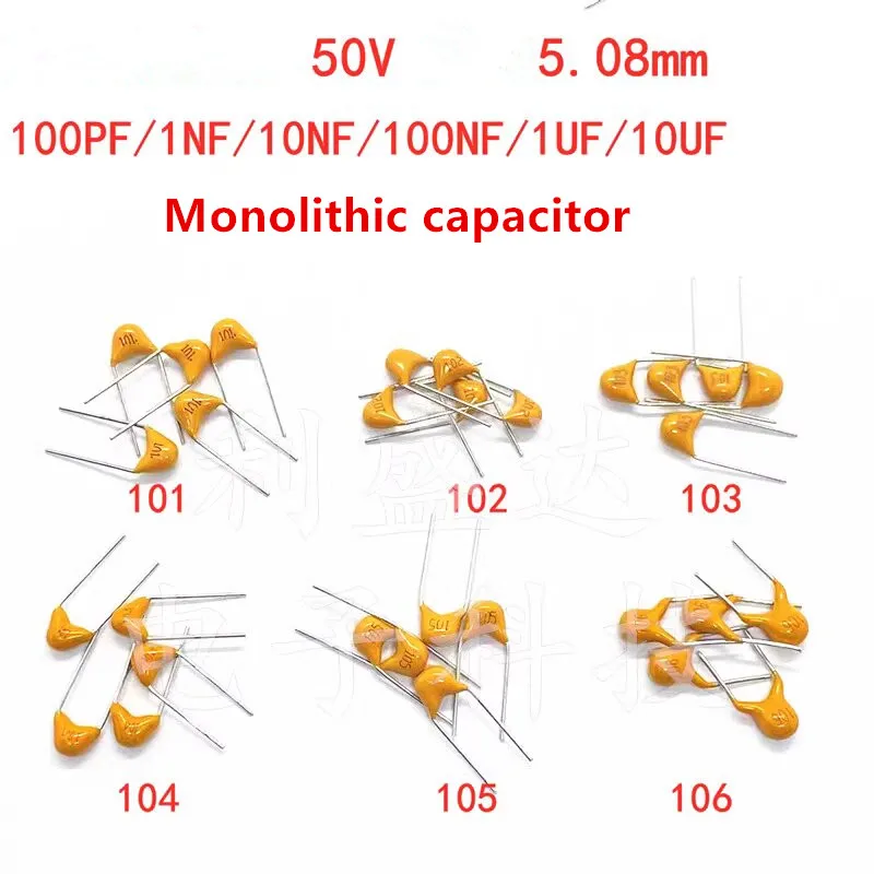 100PCS  Monolithic 101 102 103 104 105 106 50V pitch 5.08MM non-polar ceramic in-line capacitor