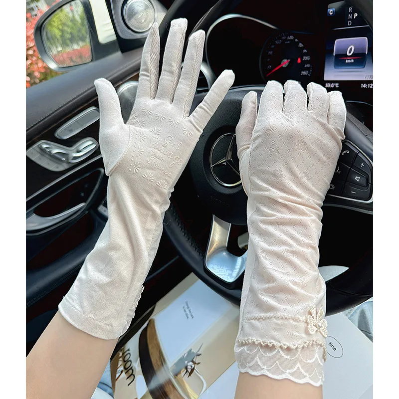 قفازات واقية من الشمس من الحرير الجليدي للنساء متوسطة إلى طويلة للصيف أثناء القيادة وركوب الدراجات ومضادة للانزلاق وشاشة تعمل باللمس ومقاومة للأشعة فوق البنفسجية ورقيقة ومسامية