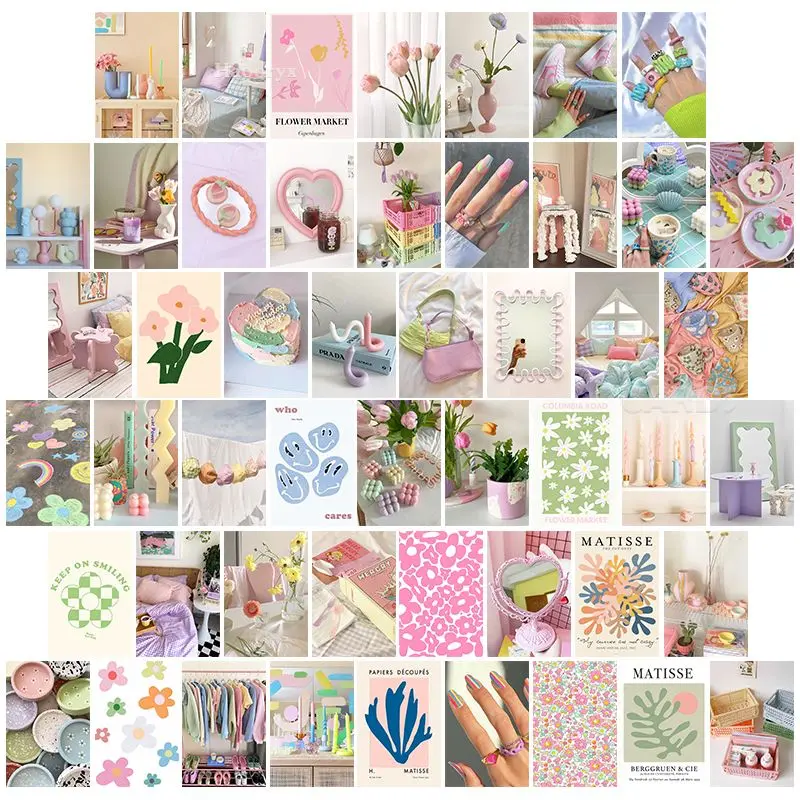 50Pcs wall collage posters Home decor Wallpaper Modern card set Cute Bedroom Dorm girl Pink stickers sweet Room style change