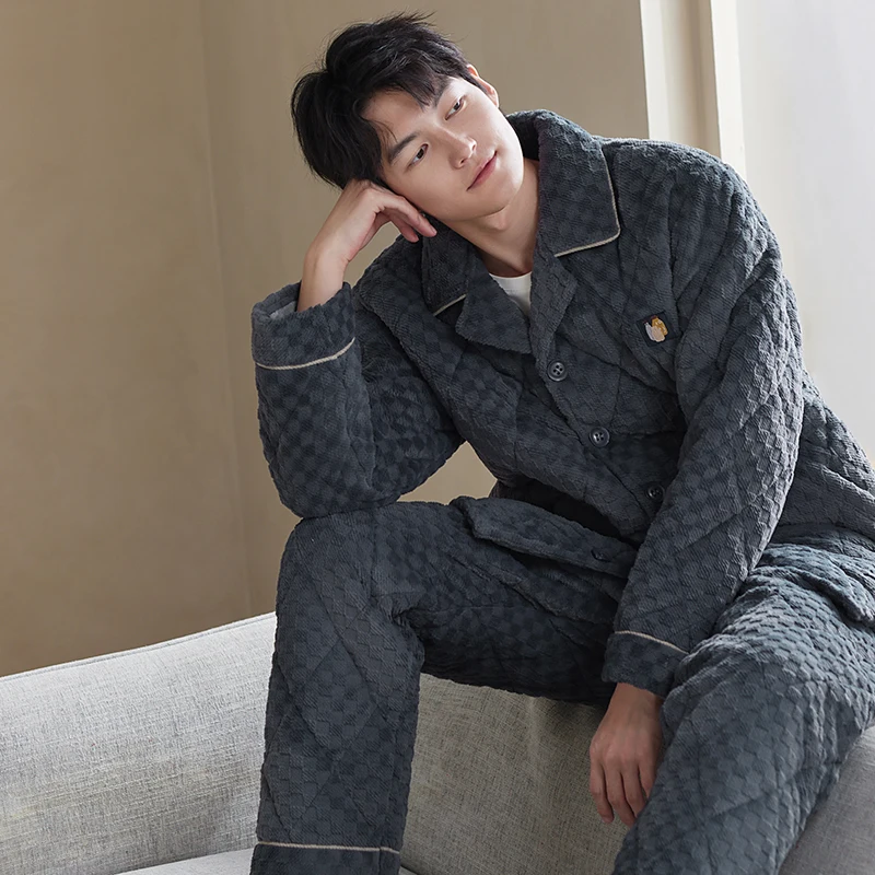 Coral velvet quilted pyjamas male three layer thick keep warm winter quilted jacket men's pajamas solid pijamas hombre inverno