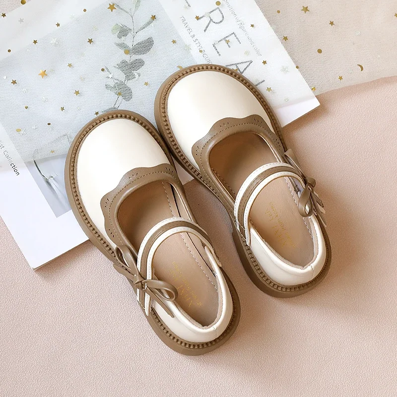 Dziewczęce skórzane buty z antypoślizgową kokardką z okrągłym noskiem Wiosna Jesień Outdoor Girls PU Casual Leather Shoes Sandalias De Mujer