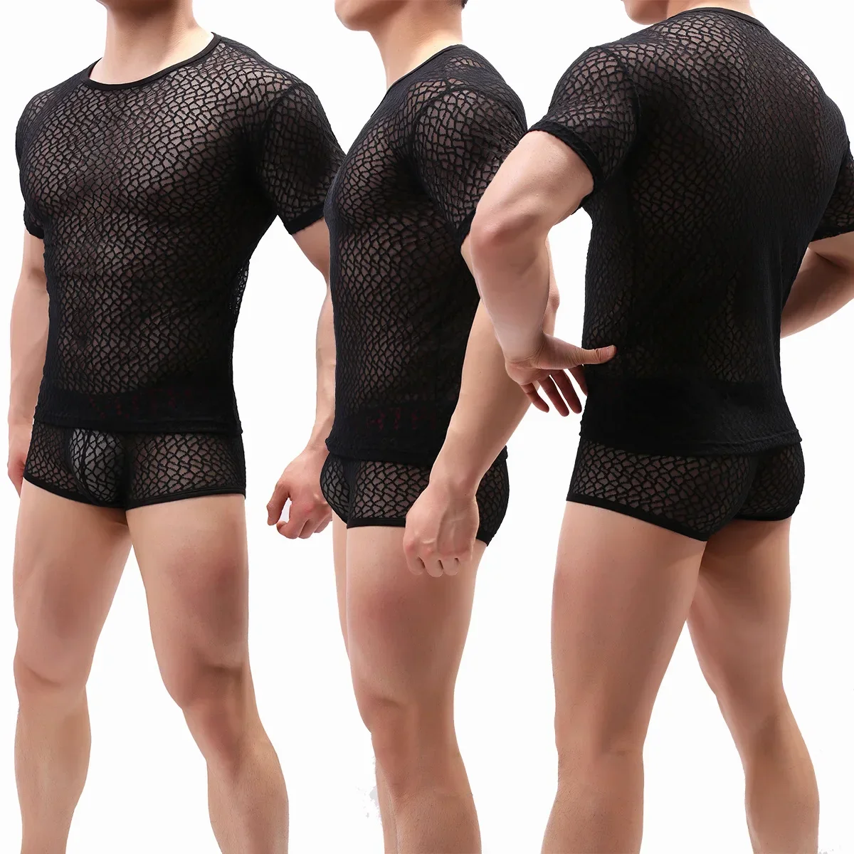 

European size men's t-shirts tight-fitting personality t shirts for men semi-transparent mesh men's short-sleeved T-shirt