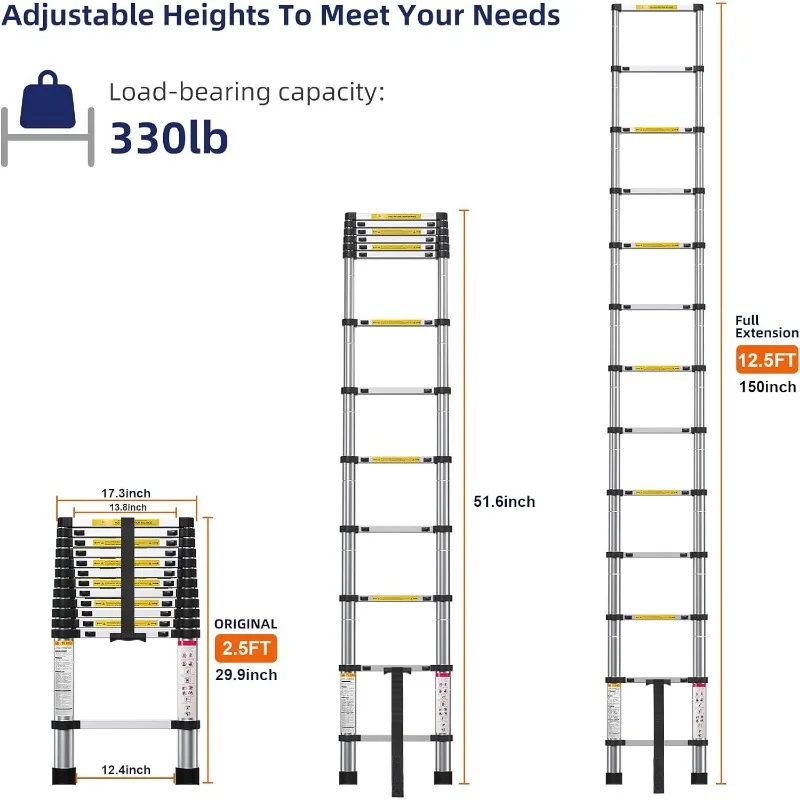 12.5FT Telescoping Ladder- Multi-Purpose Aluminum Extension Ladder Adjustable Compact Ladder for Household, RV, Outdoor