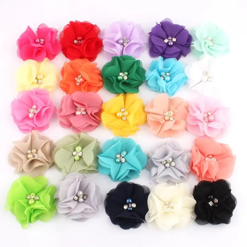 

1000PCS 5.3CM 2" Pearl Rhinestone Chiffon Flower For Headband Fabric Hair Flowers For Bouquet Girls Hair Accessories