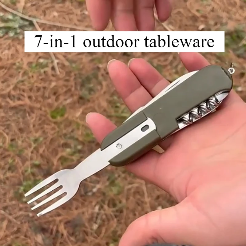 

1 шт. 7-в-1 многофункциональная уличная посуда из нержавеющей стали портативная посуда для пикника, кемпинга, пешего туризма, уличные гаджеты