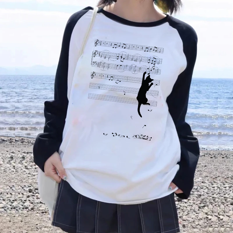 Cute Cat Shirt Women Funny Cartoon T Shirt Y2k 90s Harajuku Graphic Ulzzang T-shirt Long Sleeve Tshirt Aesthetic Top Tee Female