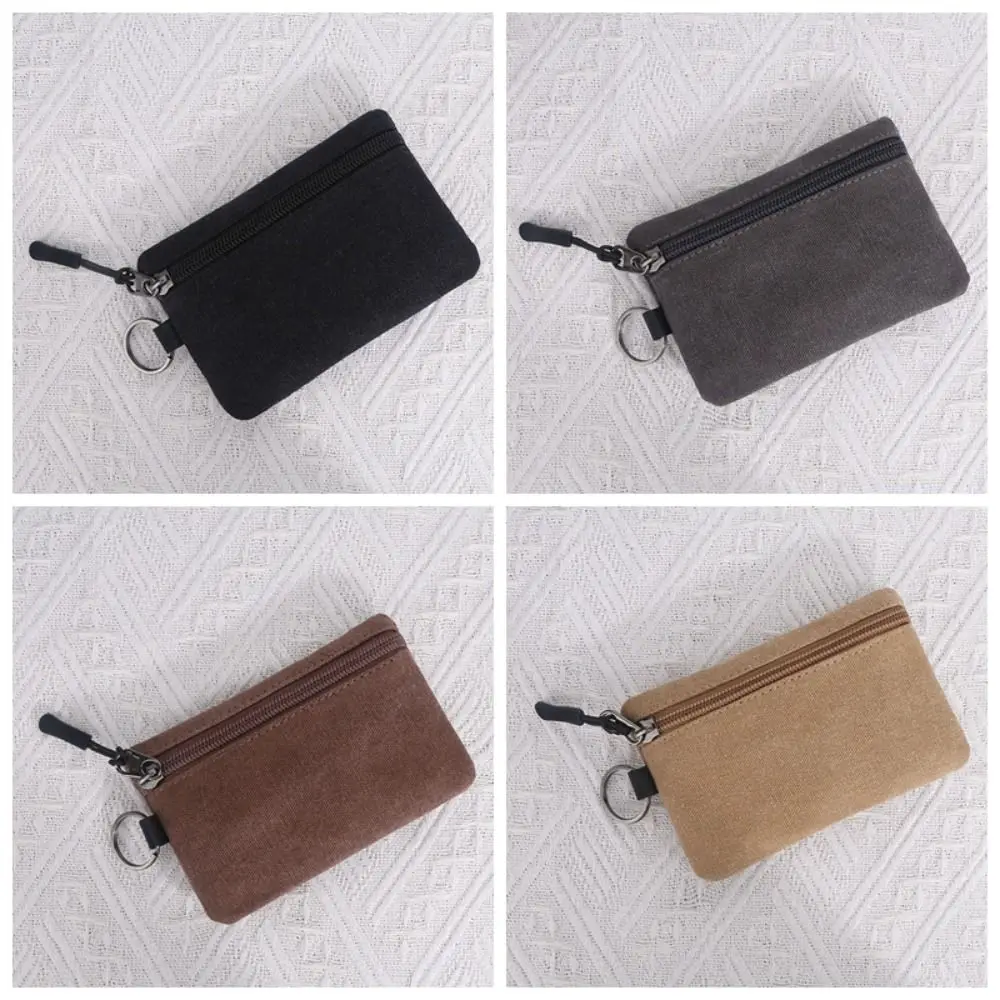 Casual Hand-held Canvas Coin Purse Solid Color Retro Mini Coin Pouch with Key Ring Classic Pouch Bag Men