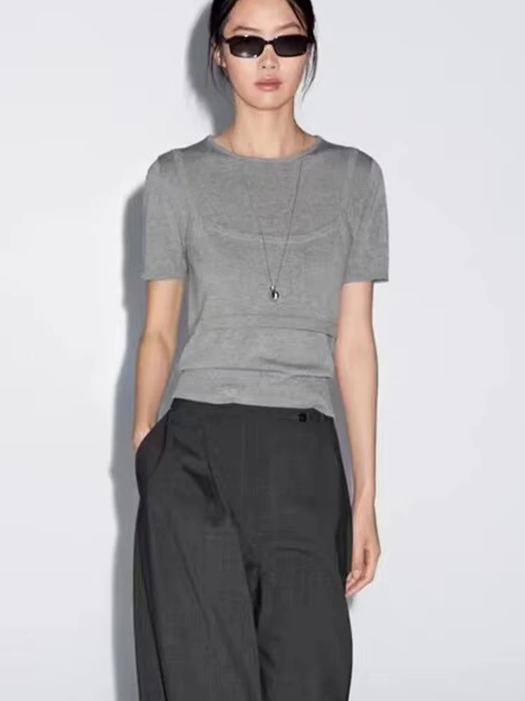 

Новая европейская и американская женская мода, тонкий дизайн с круглым вырезом, поддельные подтяжки из двух частей, футболка с короткими рукавами, топ