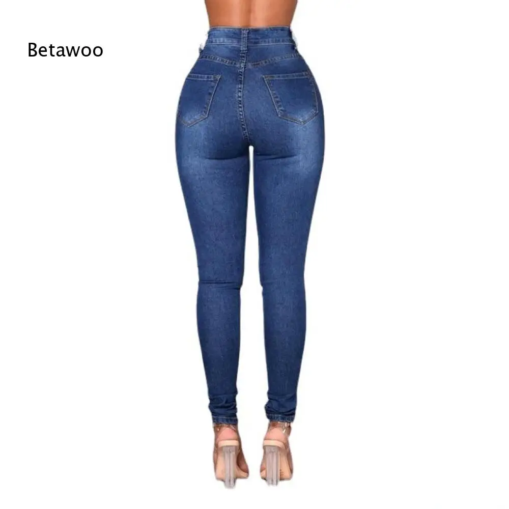 Ladies Elastic High Rise Skinny Jeans Solid Dark Blue Denim Trousers Slimming Bodycon Pants for Daily Street Casual Looks