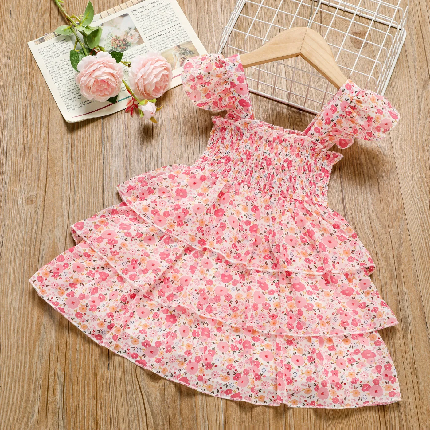 PatPat Toddler Girl Sweet Floral Print Smocked Ruffled Sleeveless Dress Suitable for Summer Season Perfect for Outings