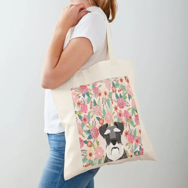 

Schnauzer dog head floral background flower schnauzers pet portrait Tote Bag Women's bag shopper bag women canvas bags