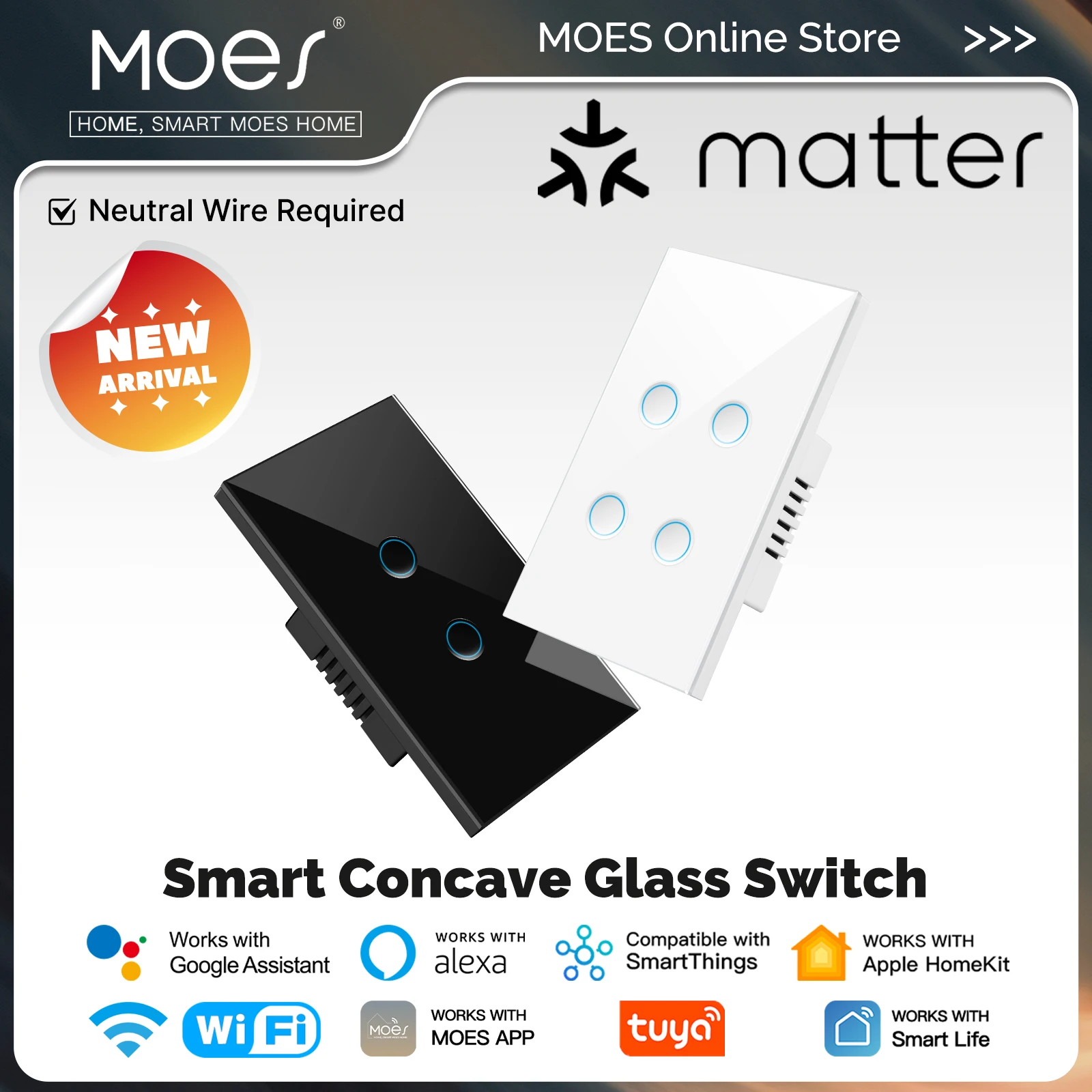 

MOES Tuya Matter WiFi Concave Glass Switch US Smart Light With Alexa Google Home Apple Home Smartthings Neutral Wire Required
