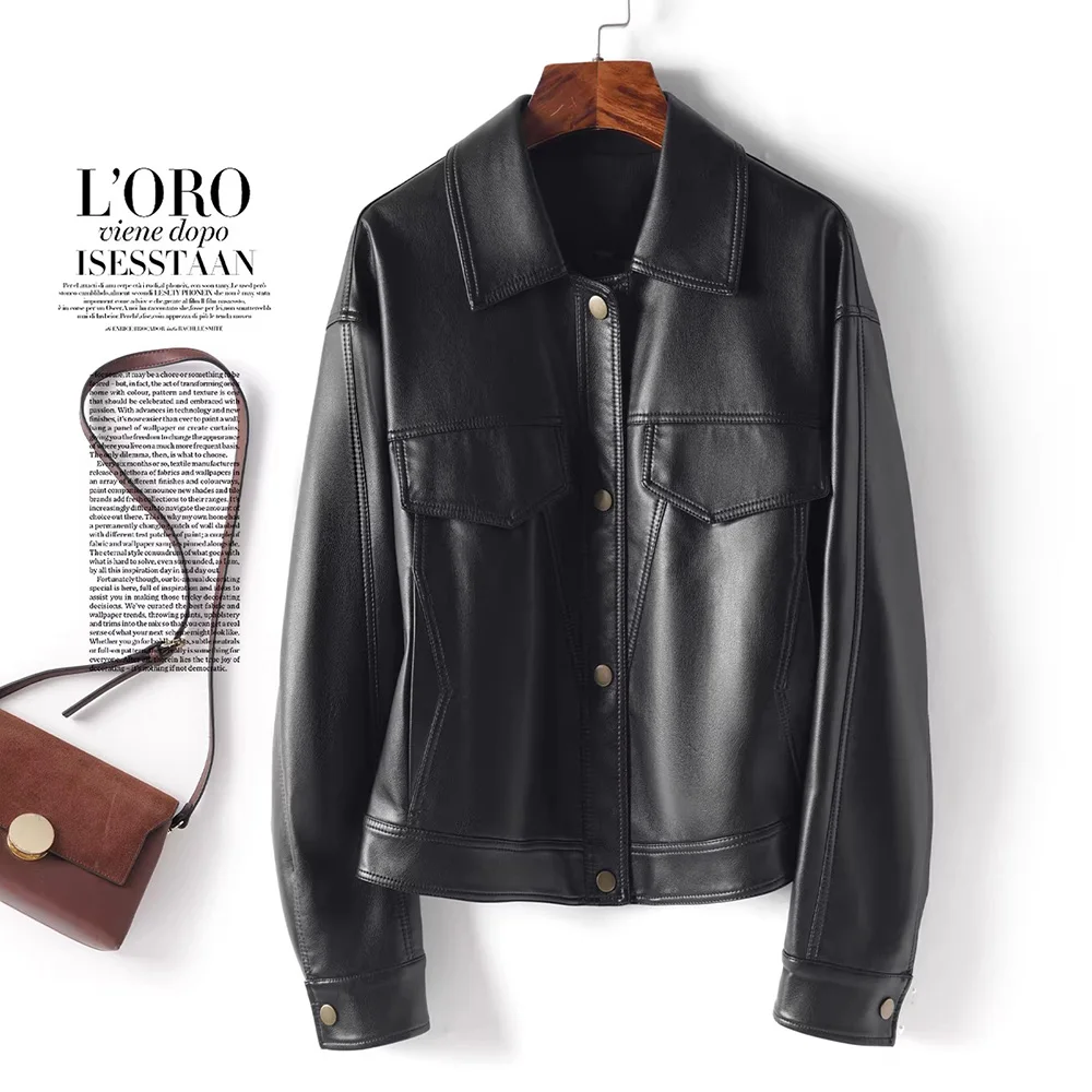New Women Casual Split Leather Jacket Spring Autumn Fashion Turn-down Collar Long Sleeve Short Coat Daily Slim Leather Jacket view 4