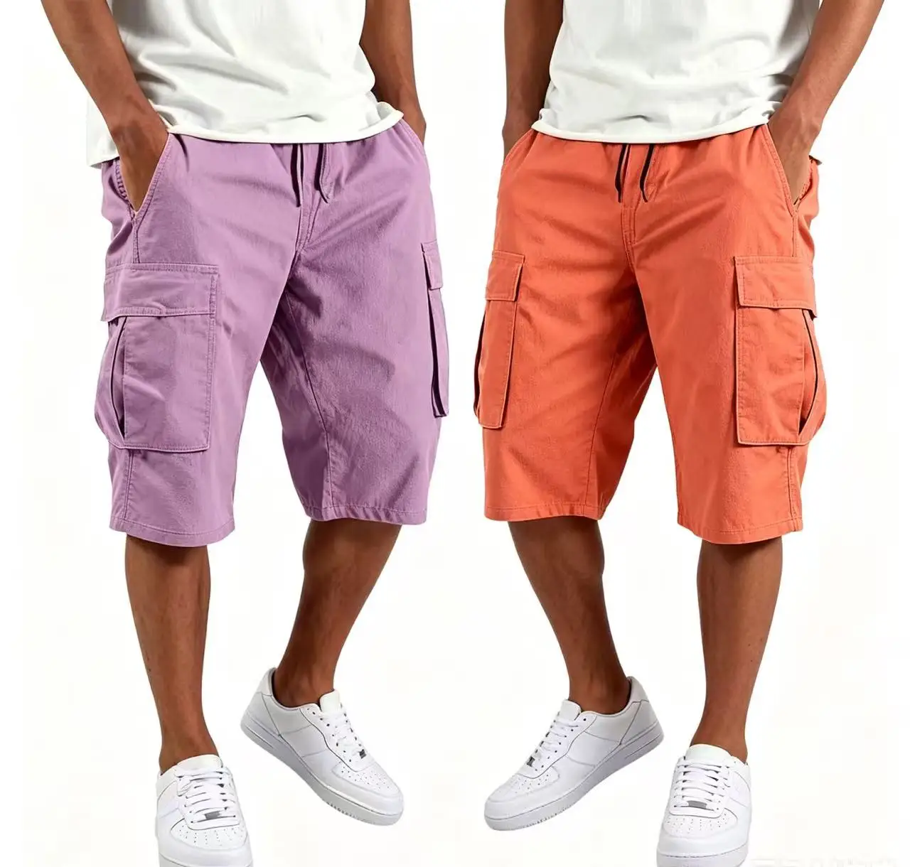 2 Pcs Pure Cotton Men Multi Pocket Cargo Capri Shorts Drawstring Loose Knee Length Casual Pants Multiple Colors Available Set