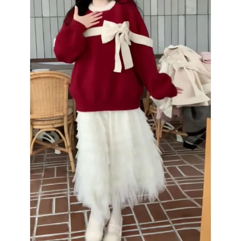 Red Christmas Sweater Women Autumn Winter Simplicity Loose Bow O-neck Long Sleeve Knitwear Fashion All-match Trend Knitting Tops