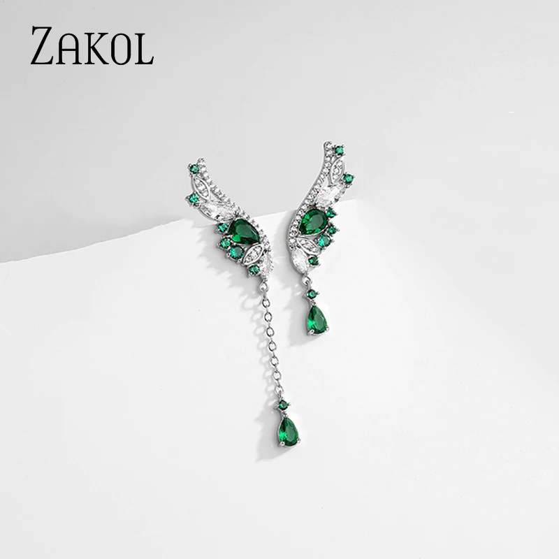 ZAKOL Personality Asymmetrical Wings Earrings for Women Fashion Green Cubic Zirconia Drop Earring Female Party Jewelry EP5424