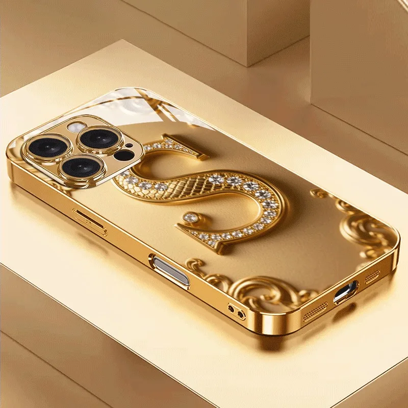 Funda de teléfono de cristal con pintura metálica dorada con patrón de letra S para iPhone 17 16 15 14 13 12 11 Pro Max 16 15 Plus 17 Air 16E