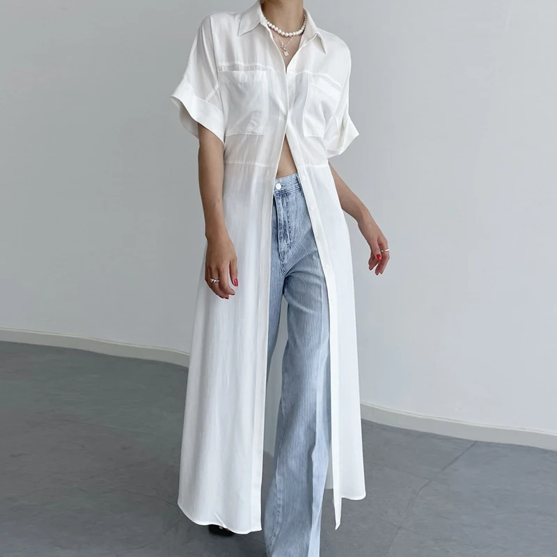 Robe chemise française Chic à manches courtes, col rabattu, coupe cintrée, longue, simple boutonnage, mode dames, robe fine et élégante, été