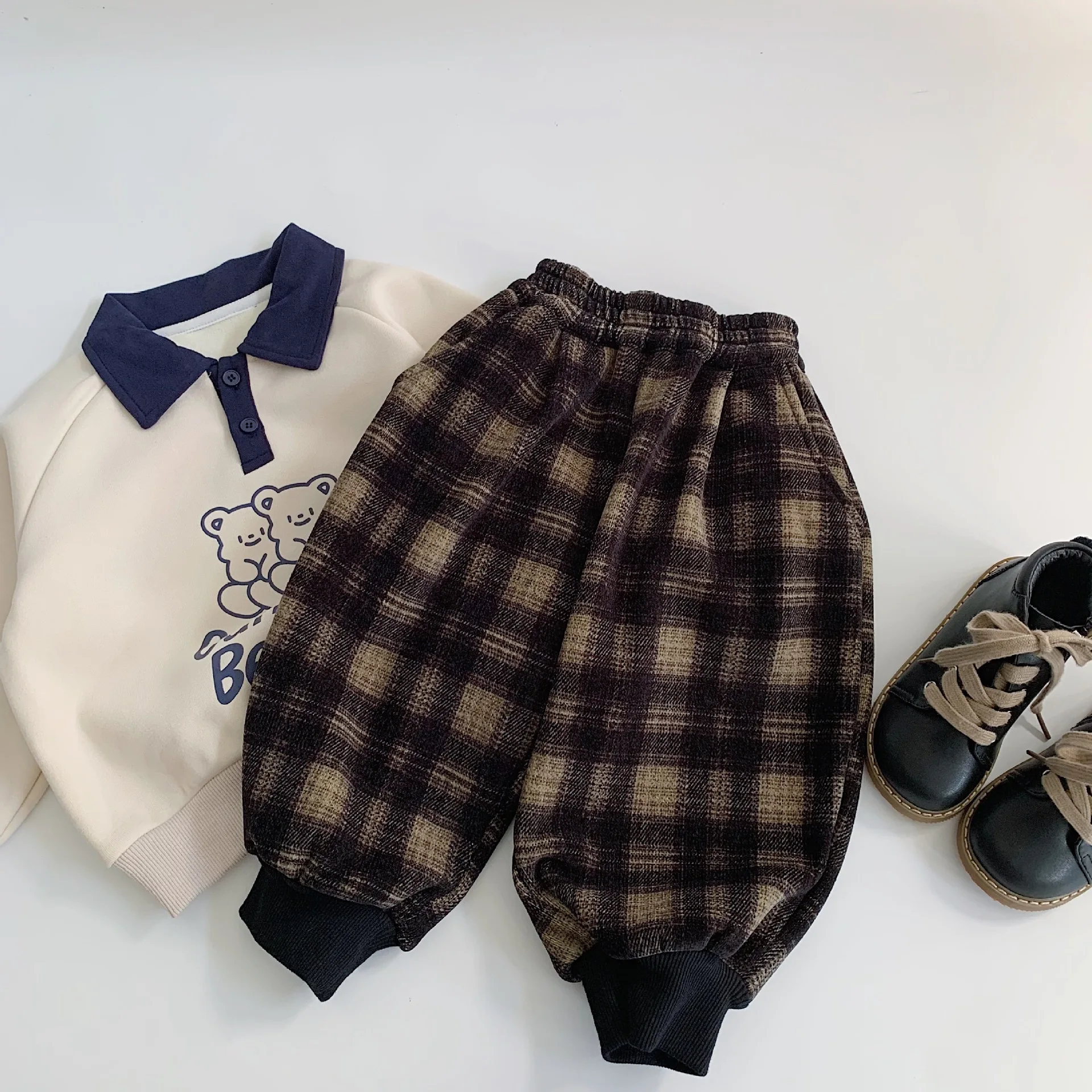 

2025 Winter Toddler Kids Boys Pant Velvet Plaid Thicken Warm Teenager Boys Jogger Pant Casual Retro Mid Waist Junior Boy Trouser