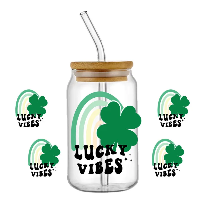 Shamrock Leopard ST patricks Day CAN Glass สำหรับห่อถ้วยขนาด16ออนซ์สติกเกอร์ลอกลายป้ายสั่งทำกันน้ำกาวในตัวโลโก้ DIY