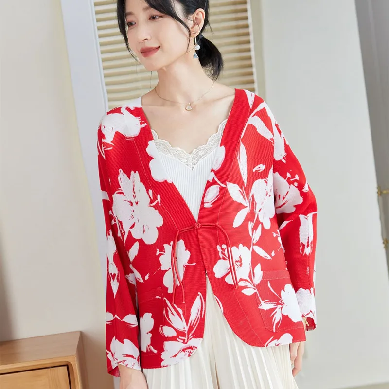 Top Red Women Spring And Autumn Long Sleeve Fashion Flower Printed Single Button Stretch Miyake Pleated Loose Chinese Style Coat