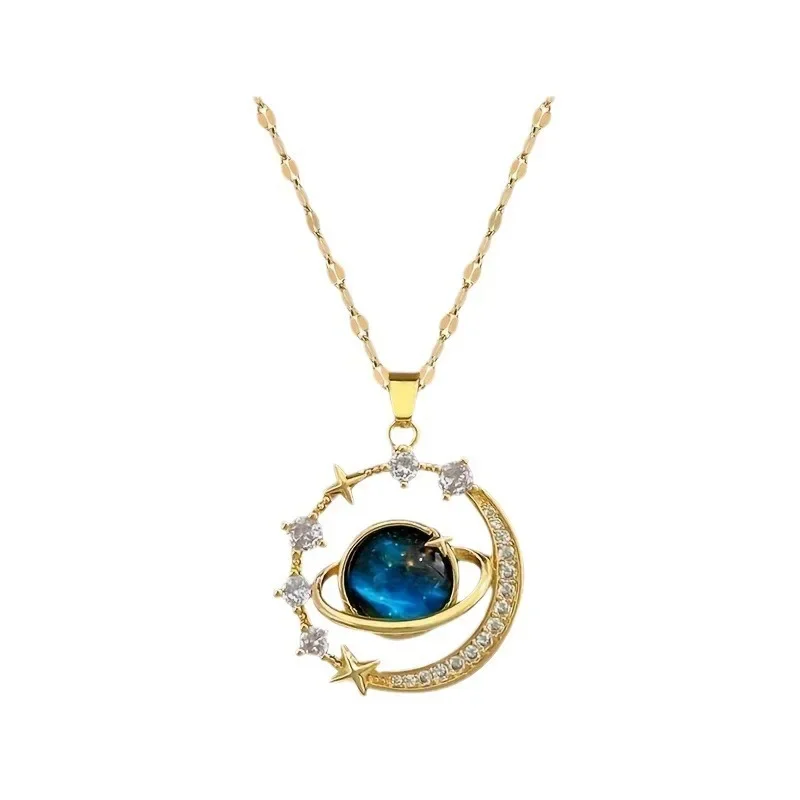 Zircon Saturn Space Earth Pendant Necklace Dainty Blue Planet Necklace Stainless Steel Clavicle Chain Aesthetics Jewelry Collar