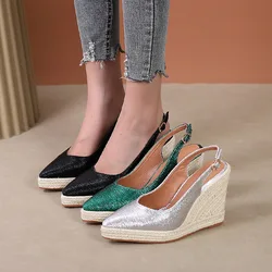 FHC 2024 zeppe in corda di canapa primaverile tacchi alti, scarpe estive scavate sul retro, décolleté con plateau da donna, punta a punta, nero, argento, verde