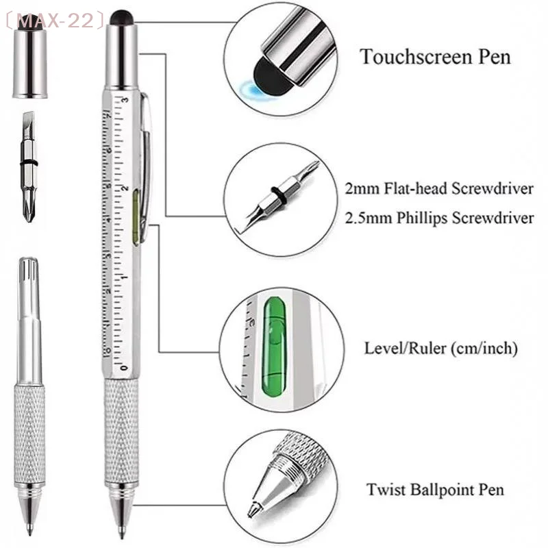 〔MAX-22〕6 In 1 Multifunctional Metal Ballpoint Pen With Stylus Ruler Level Screwdriver Bits For DIY Office Daily Carry