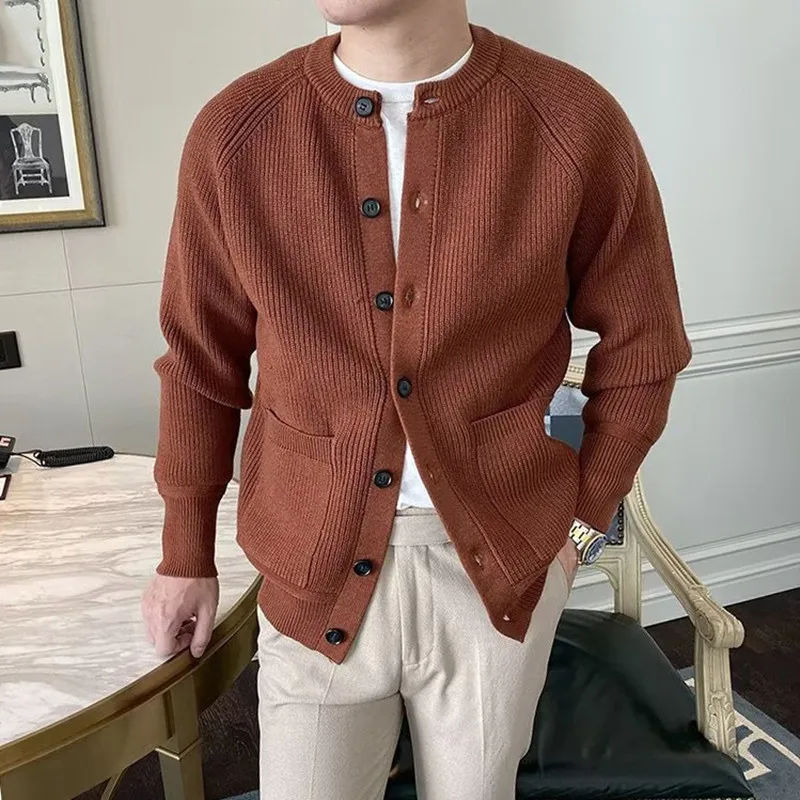 

Autumn Winter Men's Knit Cardigan Smart Casual O-Neck Single Breasted Sweatercoat Men Solid Color Loose Knitted Sweater Cardigan