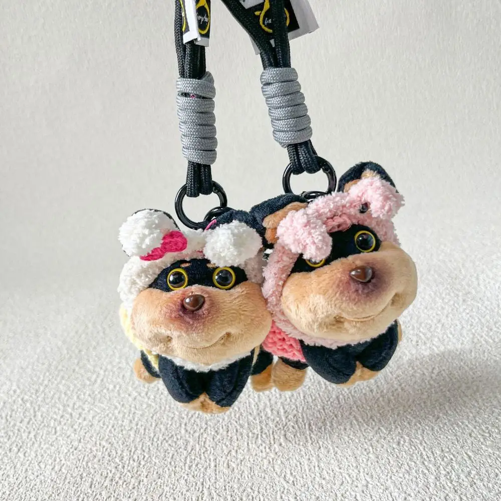 Soft Doll Cartoon Bee Dog Doll Keychain with Hat Plush Bee Puppy Bag Pendant with Apron Cute Bee Dog Keyring Car Accessories