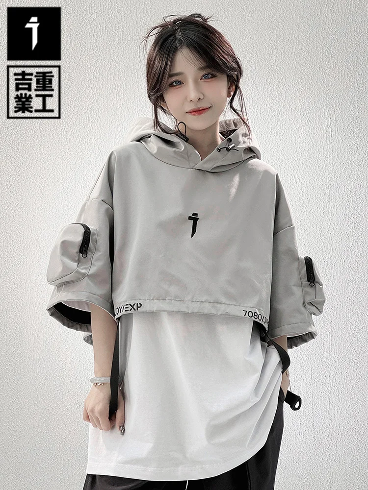 Women Crop Top Jacket Hoodies Summer Functional Style Hooded Shawl Short Jacket For Men And Women, Loose And Casual Multi Pocket