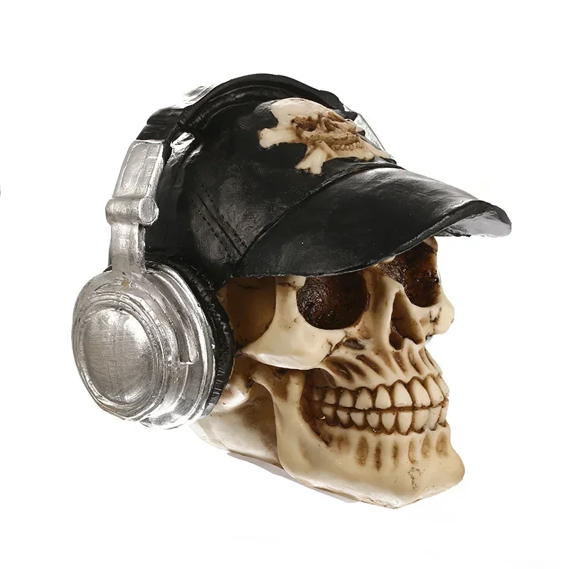 Creative Skull Ornaments with Headphones and Baseball Caps Desktop Personality Gadgets Resin Craft Gift Children's Funny Toys