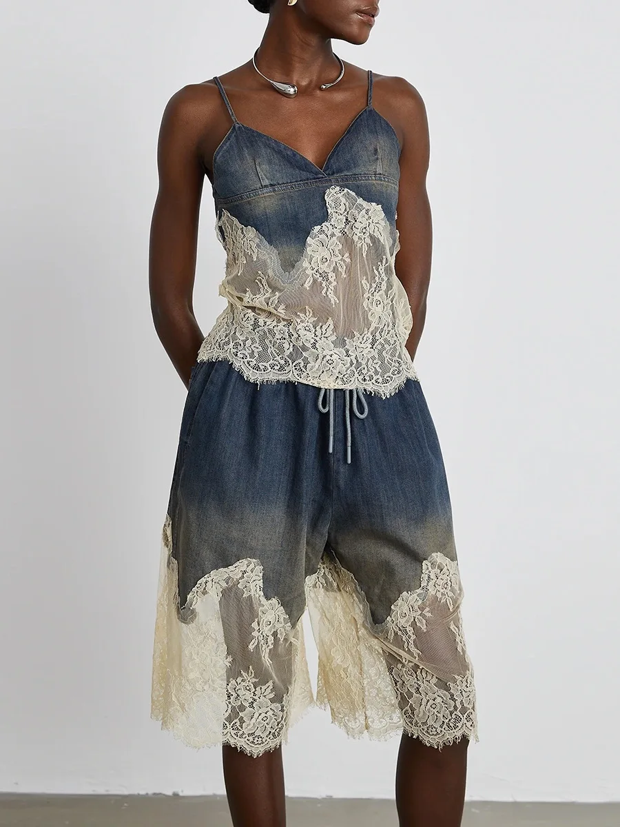 

Patchwork Lace Two Piece Set For Women V Neck Sleeveless Tops High Waist Loose Pant Slimming Denim Sets Female New