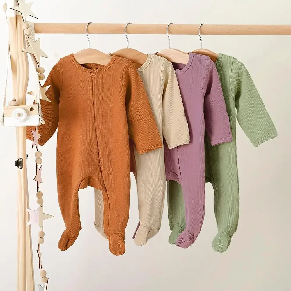 PatPat New Spring and Autumn Baby Boy  Girl Solid Footed Long-sleeve Jumpsuit One Pieces Baby Clothes Basic Style