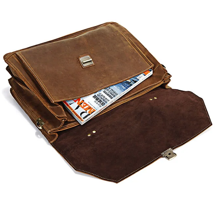 Crazy Horse Vintage Lederen Heren Aktetas Grote Zakelijke Tas 15 "Laptoptas Echt Schouderportfolio Bruin