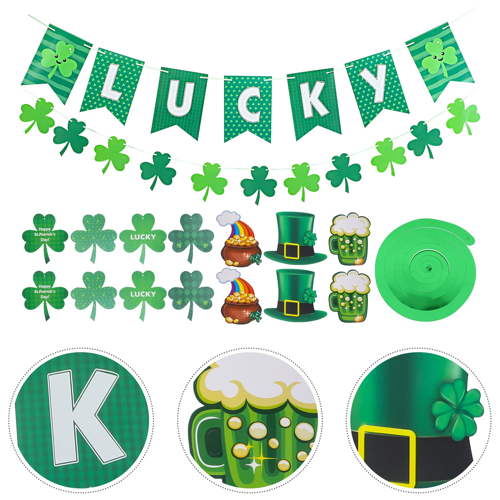 

1Set St Patrick's Day Shamrock Banners Spiral Pendants Party Ceiling Hanging Swirls Streamers Decorations Green Festival