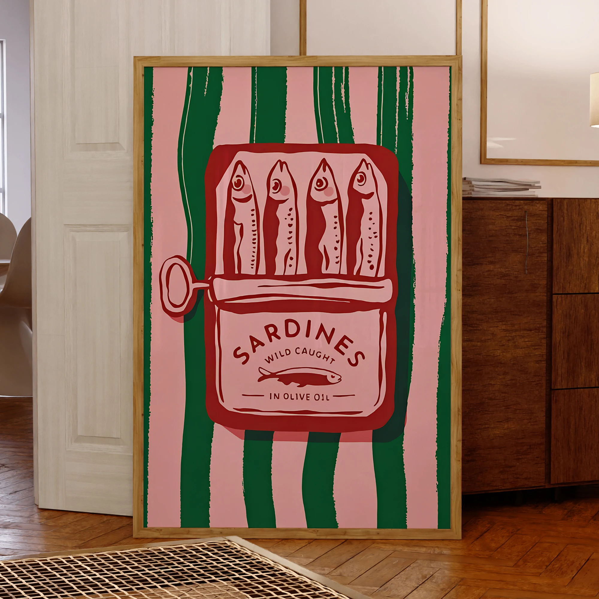 Cuadro sobre lienzo con dibujo de sardinas y aceite de oliva, arte de pared de dibujos animados vintage, póster, imagen para decoración del hogar, sala de estar y dormitorio
