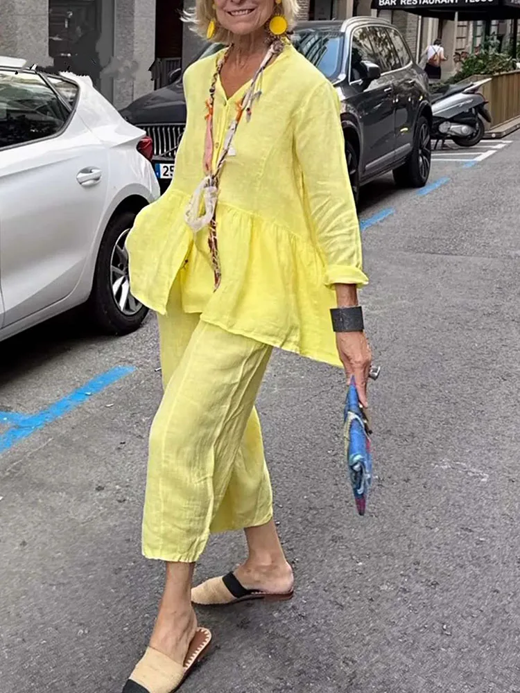 

Sexy V-neck Long Sleeve Shirt & Pant Suit Elegant Hight Street Draped Loose 2Pc Outfits Women Casual Cotton Linen Solid 2Pc Set