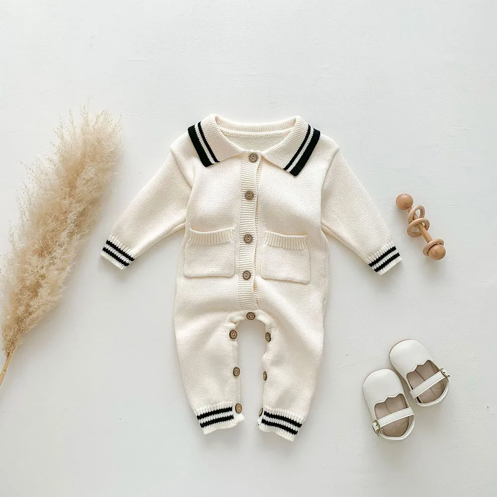 Newborn Baby Boy Rompers Autumn New Children Gentlemen Knitted Sweater Jumpsuit Cardigan Button Lapel Babies Onesie Out Clothes