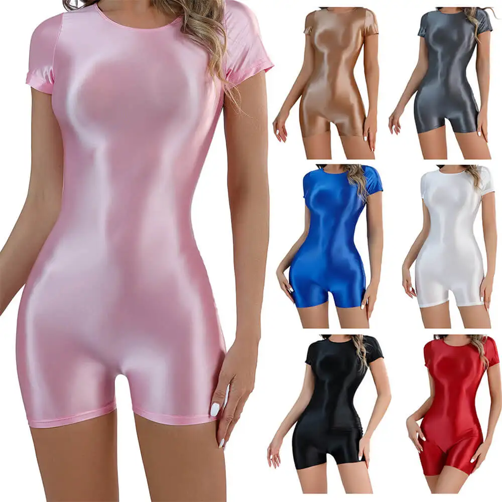 Women's One-Piece Shiny Wetlook Satin Catsuit Short Sleeve Leotard Short Bodysuit Stretch Fitness Romper Jumpsuit Party Clubwear