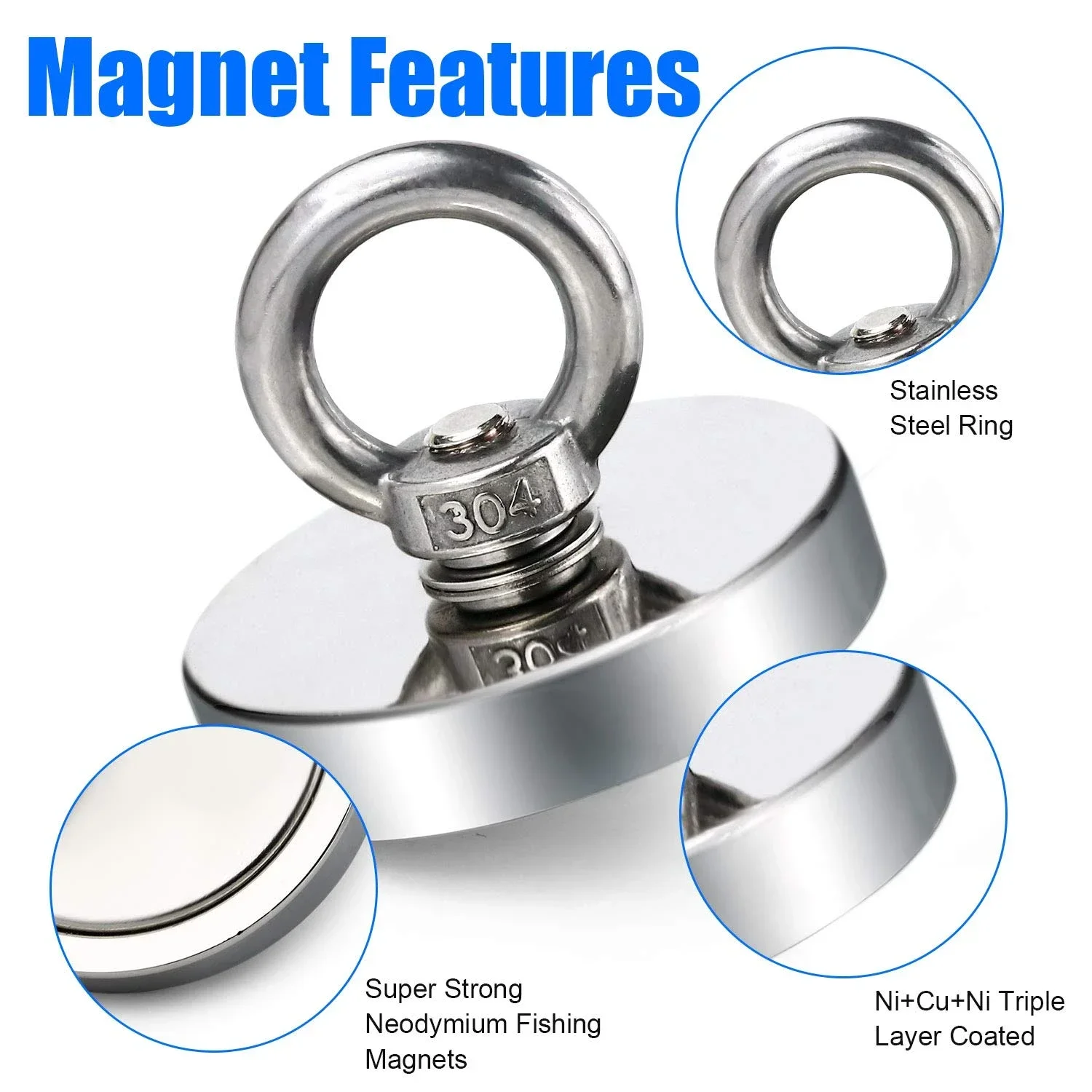 Super Strong Neodymium Magnet N52 Heavy Duty Rare Earth Magnet 75 mm with Countersunk Hole Eyebolt for Strong Fishing Magnet