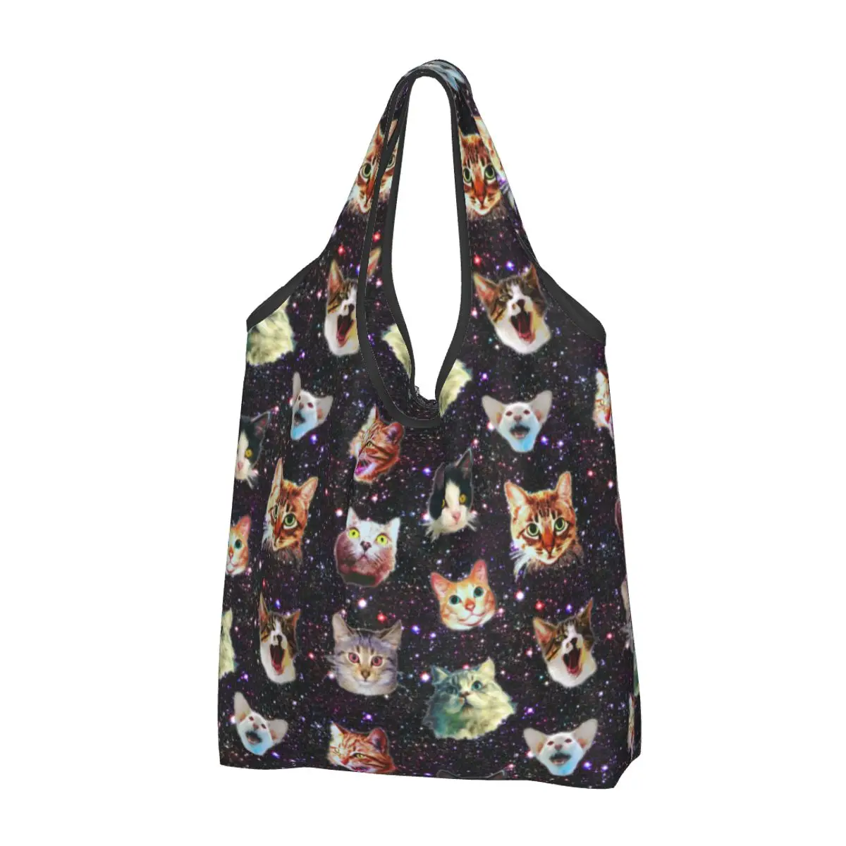 Reusable Cat Heads In Outer Space Funny Galaxy Shopping Bags for Groceries Foldable Animal Grocery Bags Washable Large Tote Bags