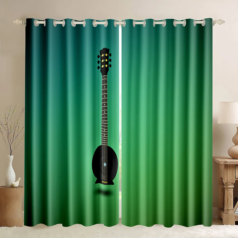 Guitar Window Curtain,Green Guitar Growing Sunflowers,Rock Music Themed Musical Curtain Instruments Print Blackout Curtains