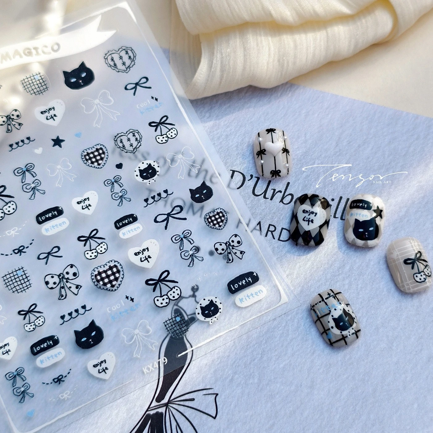 Lindo gato negro línea encaje Bowknot cereza Gird encantador romántico estrella Gird gatito autoadhesivo pegatinas para decoración de uñas calcomanías de manicura