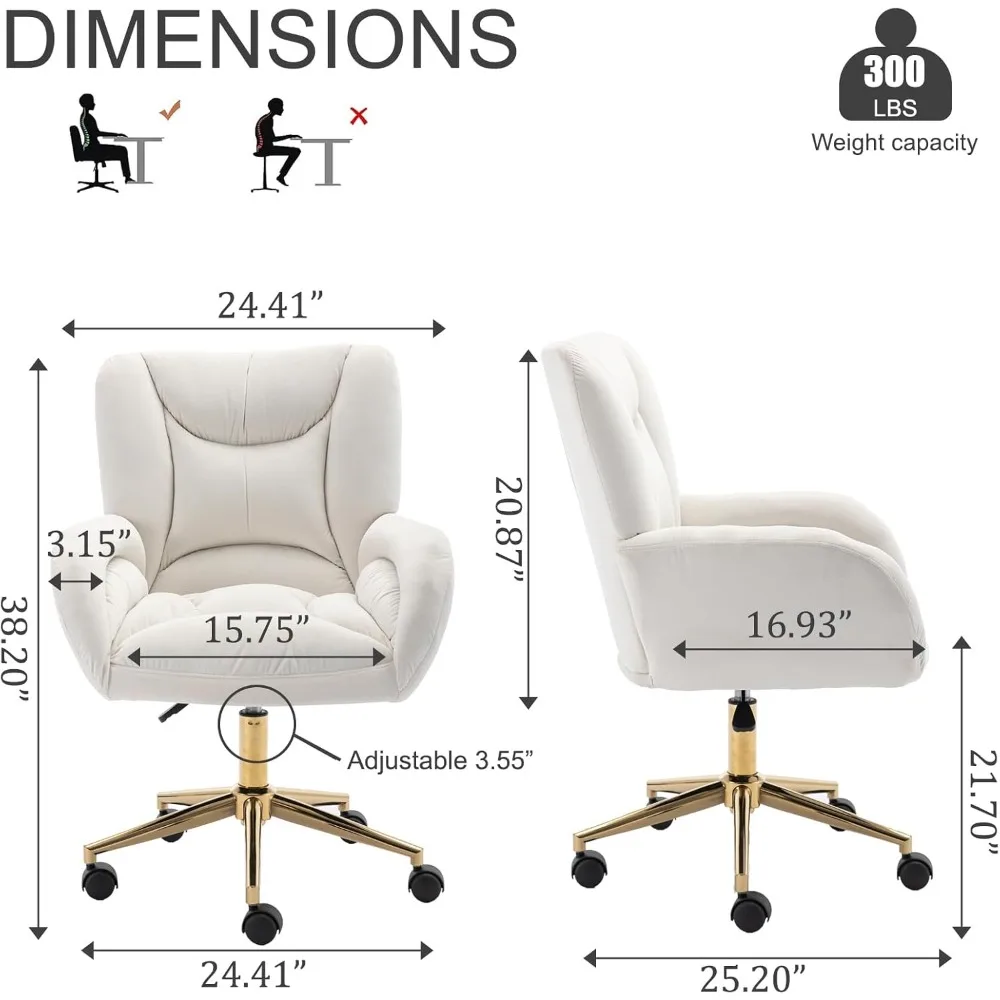 Modern Upholstered Velvet Swivel Desk Chair with Adjustable Height and Wheels for Computer Task, Office, and Makeup Use